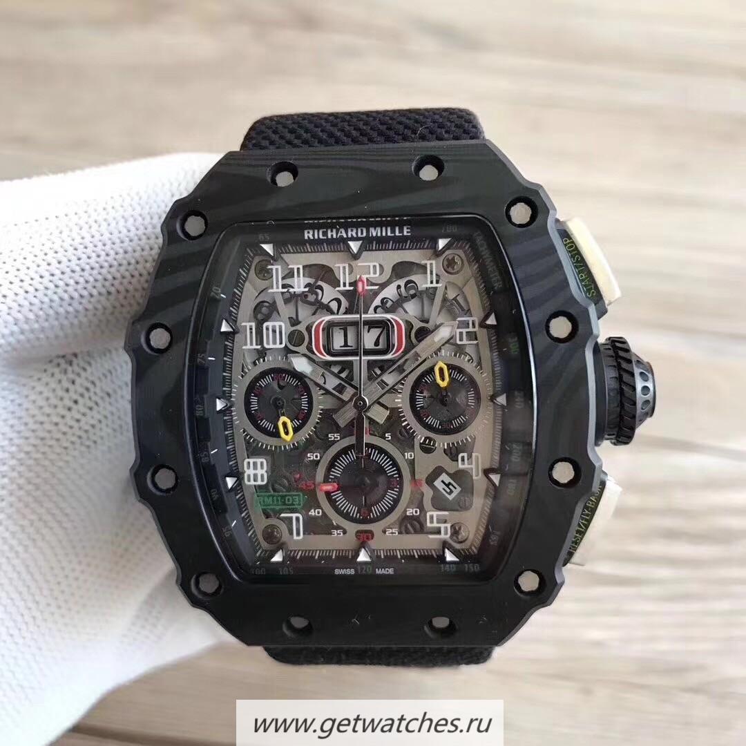 Perfect Replica Richard Mille RM011-03 Flyback Chrono KLF Forged Carbon Black Skeleton Dial 7750