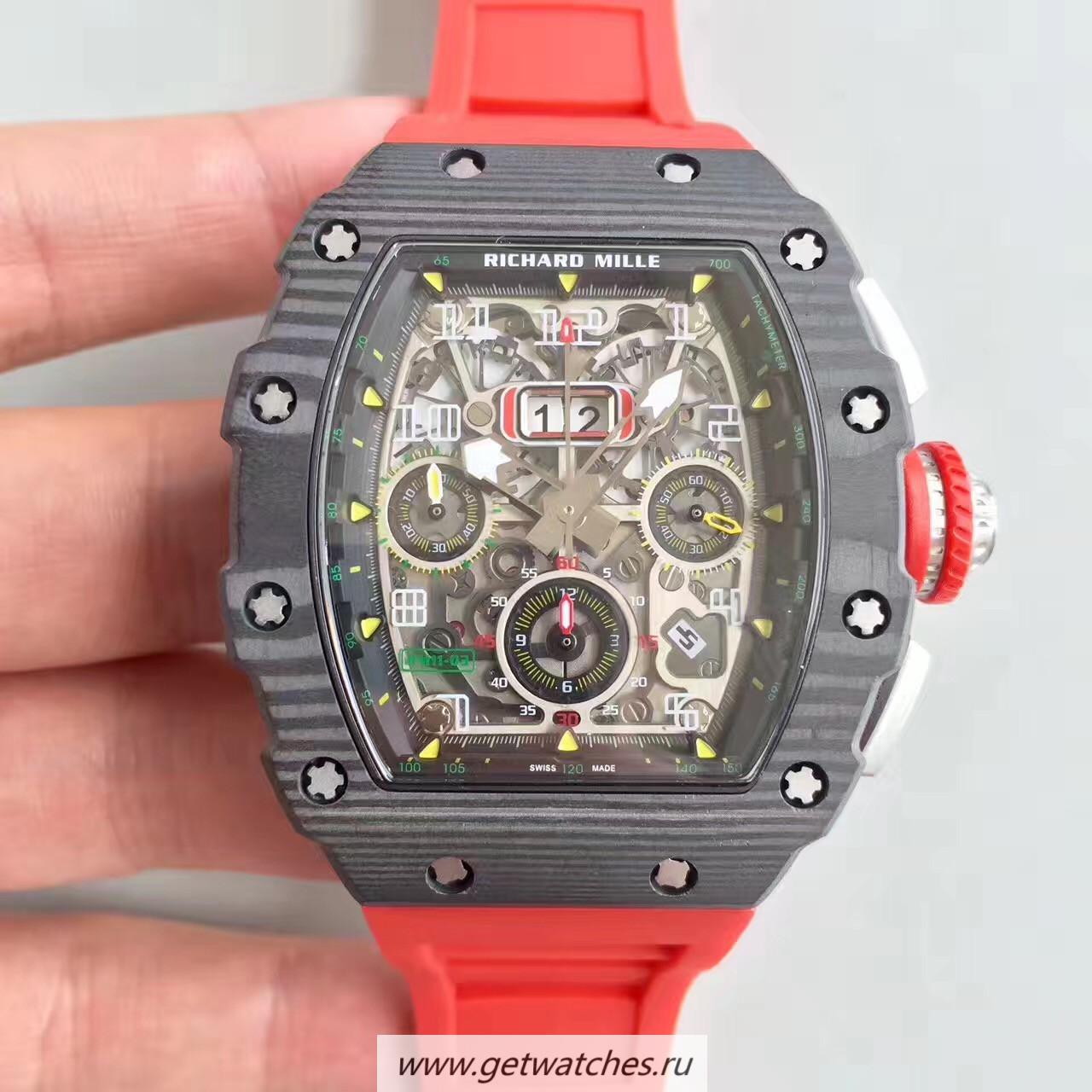 Copy Richard Mille RM011-03 Flyback Chrono KVF Forged Carbon Black Skeleton Dial 7750
