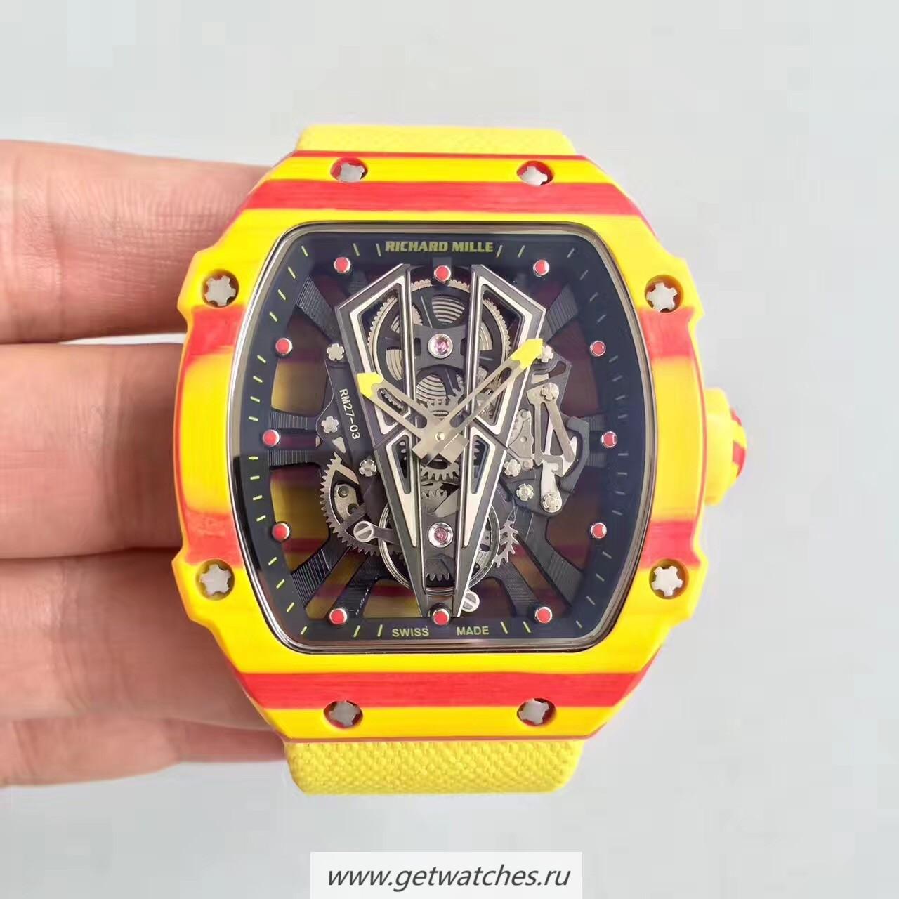 Copy Richard Mille RM27-03 Rafael Nadal KLF Yellow & Red Forged Carbon Black Skeleton Dial M9015